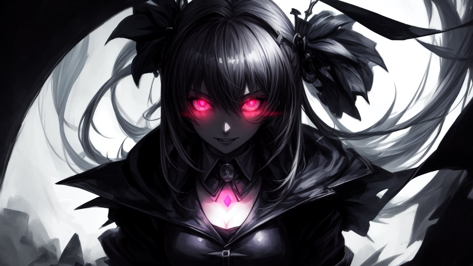 best quality, masterwork, high quality, anime art style, dark background, creepy, whide dmile, glowing eyes, 1girl, complex_background, vanripper