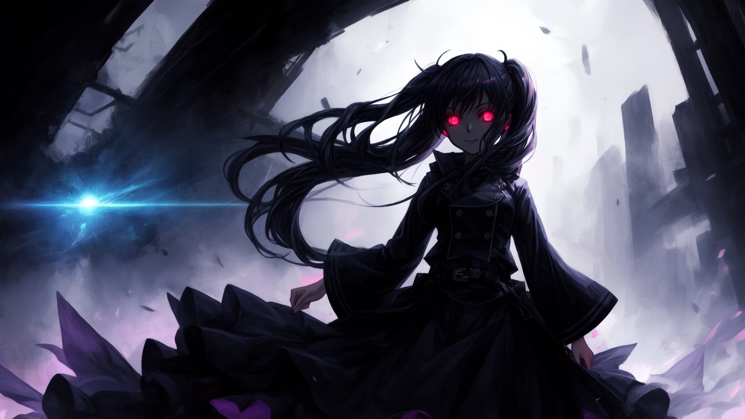 best quality, masterwork, high quality, anime art style, dark background, creepy, whide dmile, glowing eyes, 1girl, complex_background