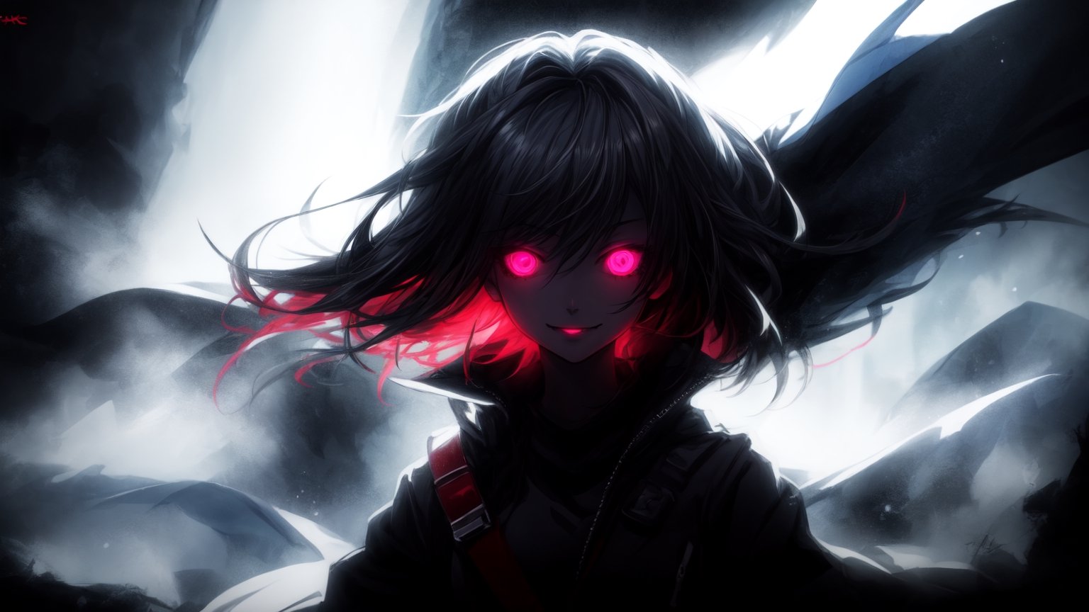 best quality, masterwork, high quality, anime art style, dark background, creepy, whide dmile, glowing eyes, 1girl, complex_background