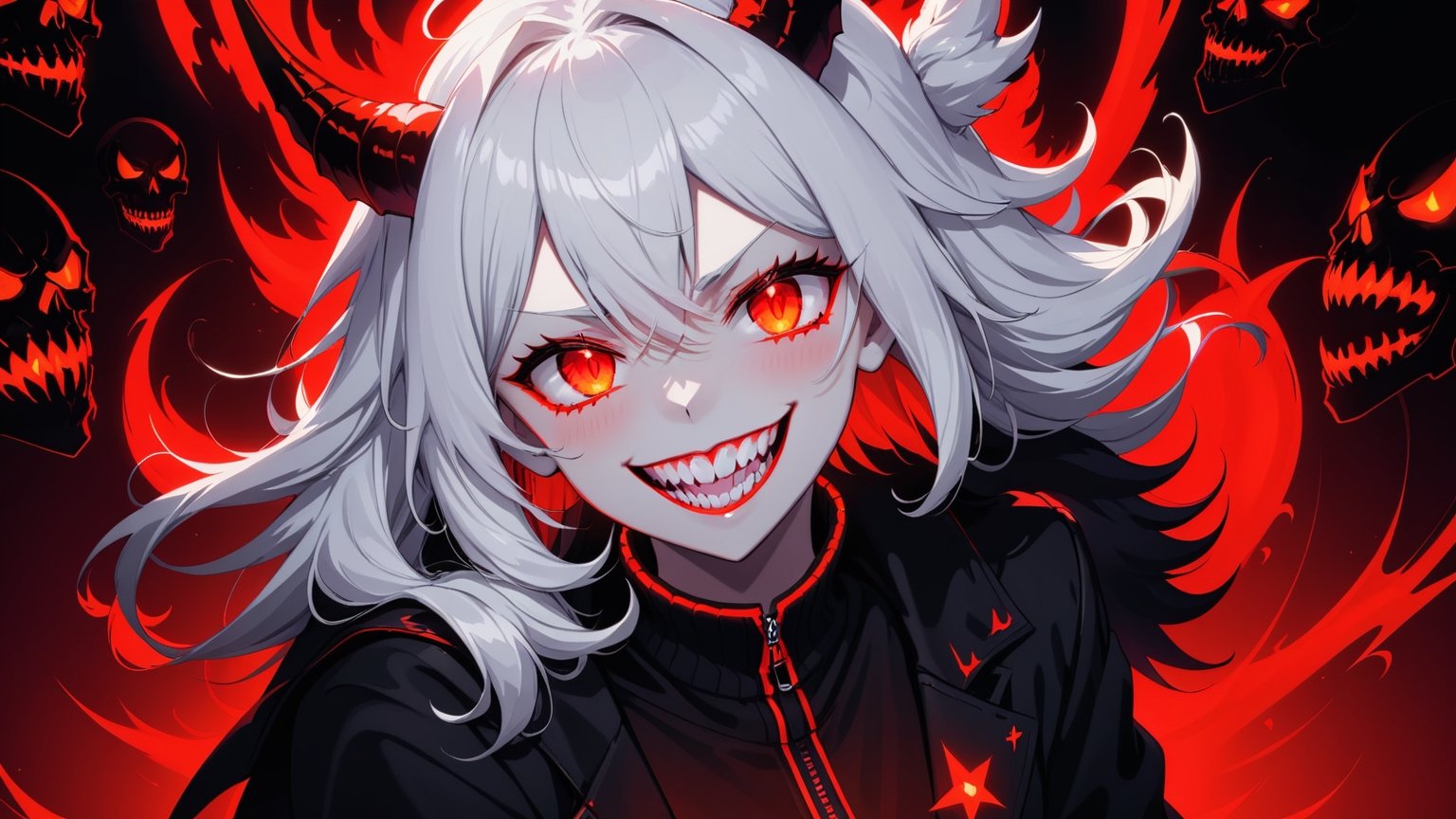 1girl, horns, red_eyes, demon_girl, smile, demon_horns, teeth, white_hair, looking_at_viewer, sharp_teeth, black_horns, red_background, grin, glowing_eyes, modeus_(helltaker), solo, glowing, hand_on_own_face, skull, hair_between_eyes, suit, upper_body, long_hair, formal, jacket, sweater, long_sleeves, neon lighting, glowing eyes, detailed background, more detail XL, albedo \(overlord\), portrait deamon souls in the background