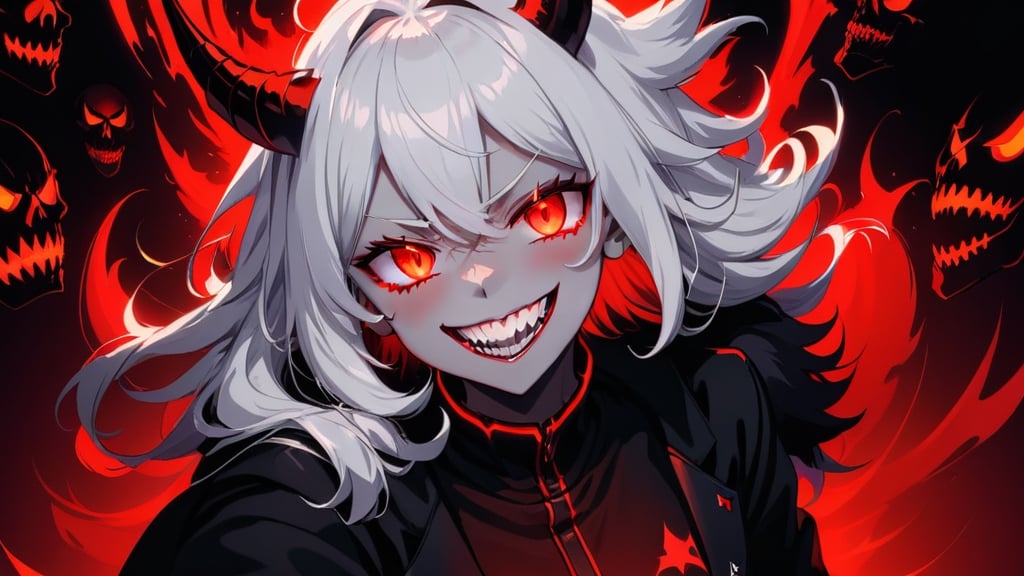 1girl, horns, red_eyes, demon_girl, smile, demon_horns, teeth, white_hair, looking_at_viewer, sharp_teeth, black_horns, red_background, grin, glowing_eyes, modeus_(helltaker), solo, glowing, hand_on_own_face, skull, hair_between_eyes, suit, upper_body, long_hair, formal, jacket, sweater, long_sleeves, neon lighting, glowing eyes, detailed background, more detail XL, albedo \(overlord\), portrait deamon souls in the background