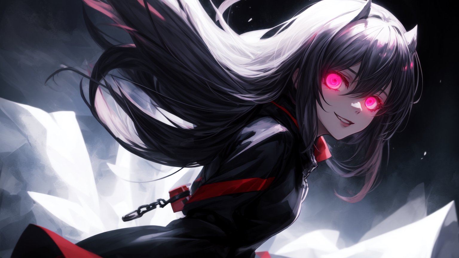 best quality, masterwork, high quality, anime art style, dark background, creepy, whide dmile, glowing eyes, 1girl, complex_background