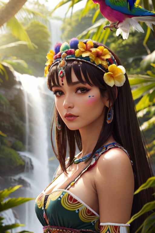 realistic detailed best quality detailed face 8k photo contest award winning photo natural lighting indigenous mayan royal woman dressed in ritual costumes in a tropical jungle with exotic ((birds)) exotic flowers monkeys and a waterfall