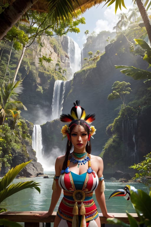 realistic detailed best quality detailed face 8k contest photo award winning photo natural lighting indigenous mayan royal woman dressed in ritual costumes in a tropical jungle with exotic birds ((toucan)) exotic flowers monkeys and a waterfall