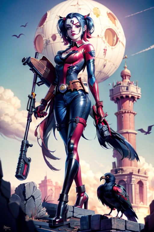 ((Harley quinn)) in a post-apoalipttic world, warriors, in war suits, weapons and helmets, machine guns, world destroyed by war, hunger and misery, corpses and bones scattered, vultures and crows. sky darkened by pollution  retrofuturistic dystopic inspired by Edwardian and interwar aesthetics. boy and girl in a post-apoaliptic world, warriors, in war suits, weapons and helmets, machine guns, world destroyed by war, famine and misery, corpses and scattered bones, vultures and ravens. Sky obscured by pollution Dystopian retrofuturist inspired by Edwardian and interwar aesthetics. Full of greasy machinery, tough materials and industrial spiers, the cathedrals, palatial institutions, libraries, pubs, hotels, trams, railways, general stores, observatories, fuel stations and drilling companies with This kit's oil pumps provide everything you need tobeautiful face perfect features 
