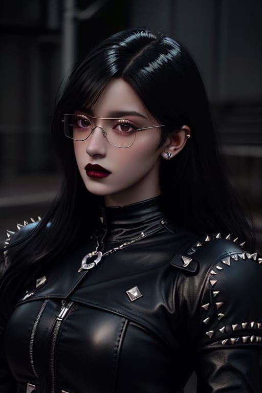 black-haired european girl with ((glasses)) of ((plastic)), dark lips outdoors, pierced nose and lips leather studded clothing rich colors in lenses realistic hyper-realistic texture dramatic lighting unrealengine trend at artstation cinestill 800,realism,realistic,raw,analog,woman,portrait,