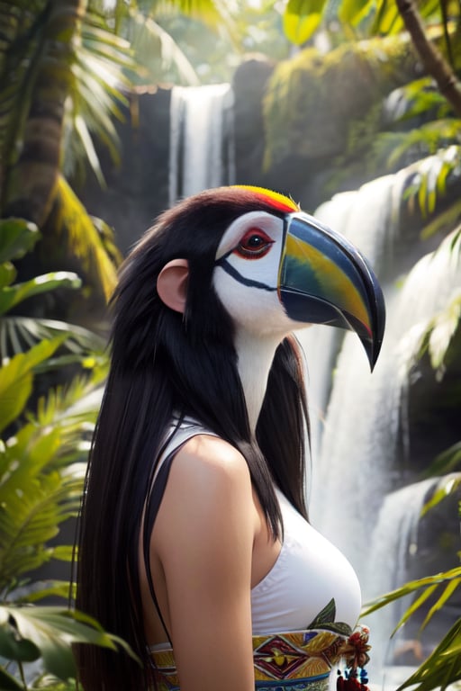 realistic detailed best quality detailed face 8k contest photo award winning photo natural lighting indigenous mayan royal woman dressed in ritual costumes in a tropical jungle with exotic birds ((toucan)) exotic flowers monkeys and a waterfall