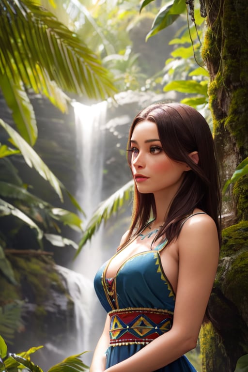 realistic detailed best quality detailed face 8k photo contest award winning photo natural lighting indigenous mayan royal woman dressed in ritual costumes in a tropical jungle with exotic birds exotic flowers monkeys and a waterfall