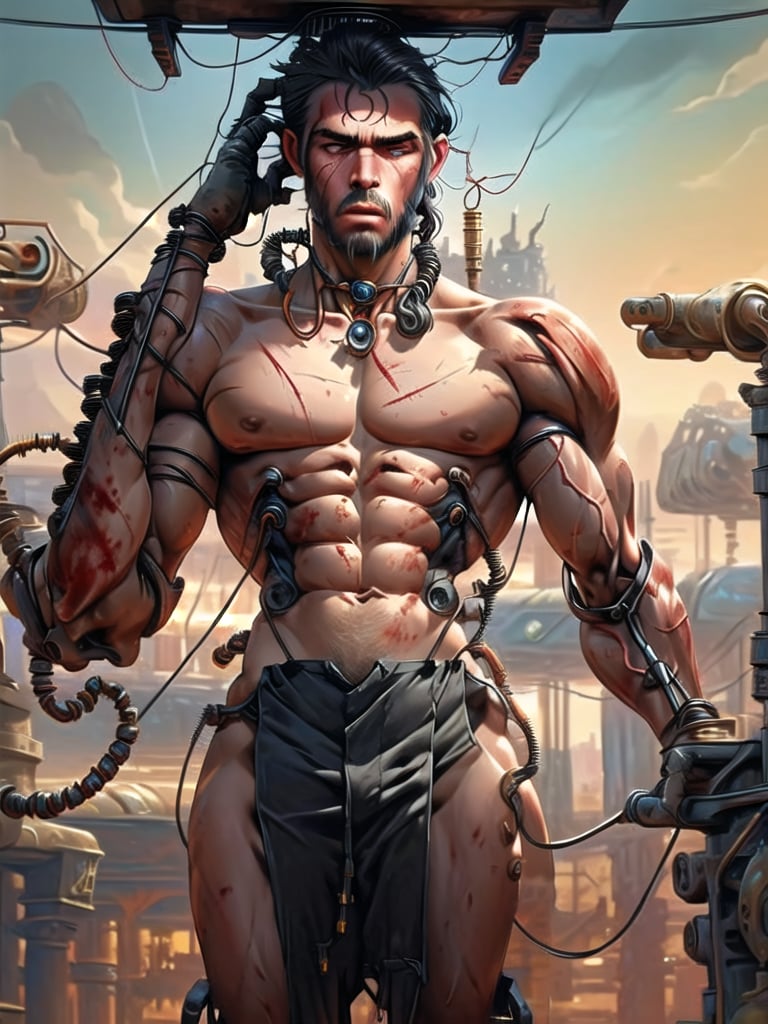 (((Perfect Face)))((cowboy shot)), (((masterpiece))), (((best quality))), ((ultra-detailed)), (highly detailed CG illustration), ((an extremely musculine and handsome)), cinematic light,(((1mechanical Ape))),solo,((upper torso musculine flesh hanging by wires)),((Hanging by wires and tubes)), (machine made joints:1.2),((machanical limbs)),(blood vessels connected to tubes),(mechanical vertebra attaching to back),((mechanical cervial attaching to neck)), ((realistic hair)), (standing), (wires and cables attaching to neck:1.2),(wires and cables on head:1.2),(character focus),science fiction, extreme detailed, colorful, highest detailed, trousers,kratosGOW_soul3142, Greek Male, Sexy Muscular,Game of Thrones,male,Movie Still,