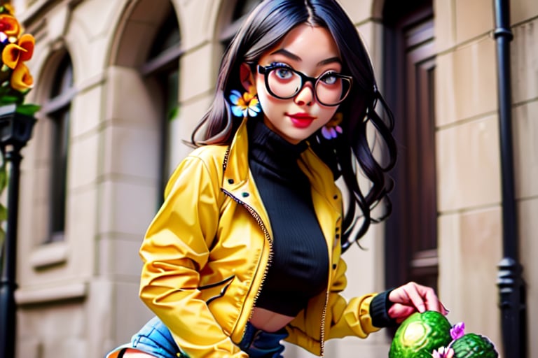 girl in a yellow jacket and (((flowery miniskirt))) eating an avocado whit glasses,(((perfet face))) high definition, ultra detailed 8k, award winning photo on the street perfect glasses perfect glasses perfect face standing