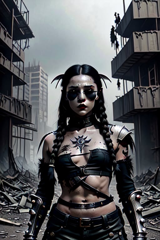 a hyper realistic ultra detailed photograph of a futuristic beautiful barbarian woman wearing sunglasses at a dystopian city, tattered outfit with rusty metal armor plates, long wild hair, tattooed hands and body, fashion pose, detailed symmetric beautiful hazel eyes, detailed gorgeous face, apocalyptic environment, exquisite detail