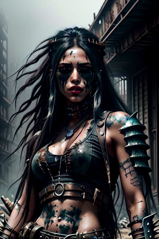a hyper realistic ultra detailed photograph of a futuristic beautiful barbarian woman wearing sunglasses at a dystopian city, tattered outfit with rusty metal armor plates, long wild hair, tattooed hands and body, fashion pose, detailed symmetric beautiful hazel eyes, detailed gorgeous face, apocalyptic environment, exquisite detail
