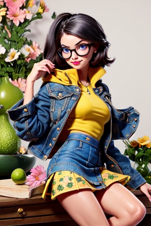 girl in a yellow jacket and (((flowery miniskirt))) eating an avocado whit glasses