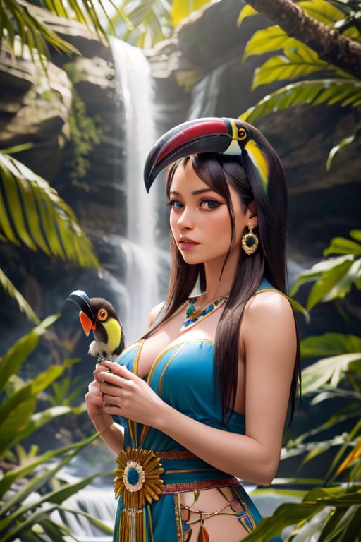 realistic detailed best quality detailed face 8k contest photo award winning photo natural lighting indigenous mayan royal woman dressed in ritual costumes in a tropical jungle with exotic birds ((toucan)) exotic flowers monkeys and a waterfall