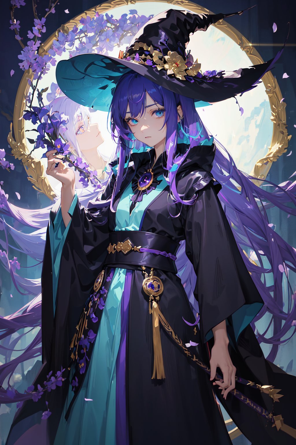 masterpiece, best quality, professional photograph of a beautiful anime witch with dark blue hair, turquoise eyes with purple iris, wearing a beautiful flowing black robe with gold highlights and very small purple highlights masterpiece, best quality