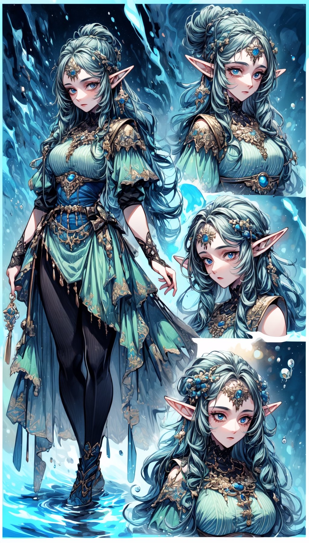 (Best Quality, 8k, 32k, Masterpiece, UHD:1.3), A water theme elf, European elements, Add some accs, Blue and White modern clothes, (CharacterSheet:1), (multiple views, full body, upper body, reference sheet:1)
