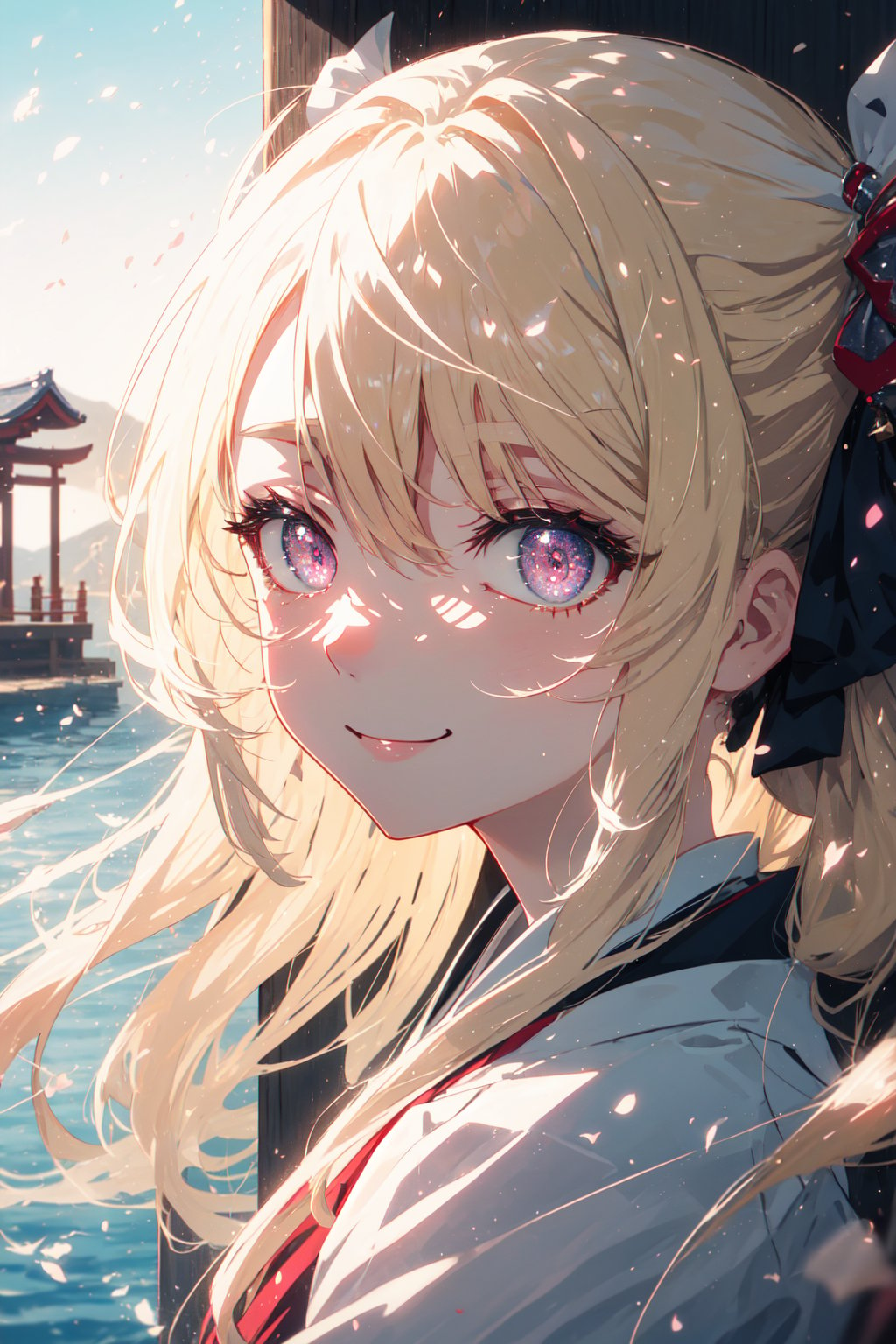 (best quality), (masterpiece), (ultra detailed), (shinomiya kaguya), pink eyes, beautiful detailed eyes, blonde hair, hair ribbon, (looking at viewer), (portrait), smiles slightly, outdoors, scenery, blurry background, vibrance gradient background.