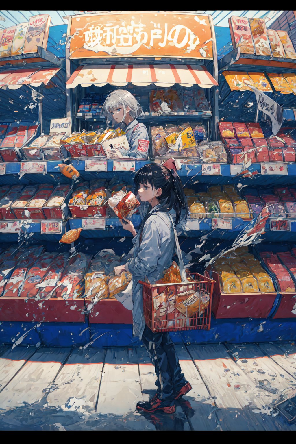 16K, HD, mastepiece, detailed background

A girl in convenience store looking a at snacks. Shes holding a basket with stock items inside and seems to be a bit tired.