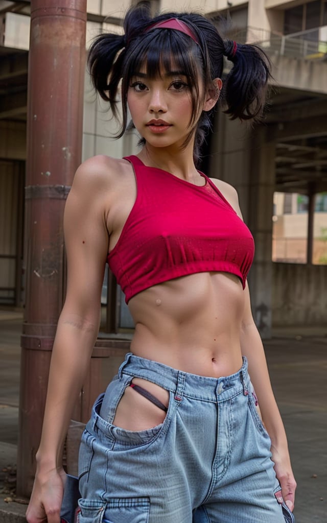 Photorealistic, best-quality. (Musa). (casual outfit), (red crop top, baggy cargo jeans, red headband, red sneakers). (short twin tails, bangs, black hair, black eyes, Asian features).