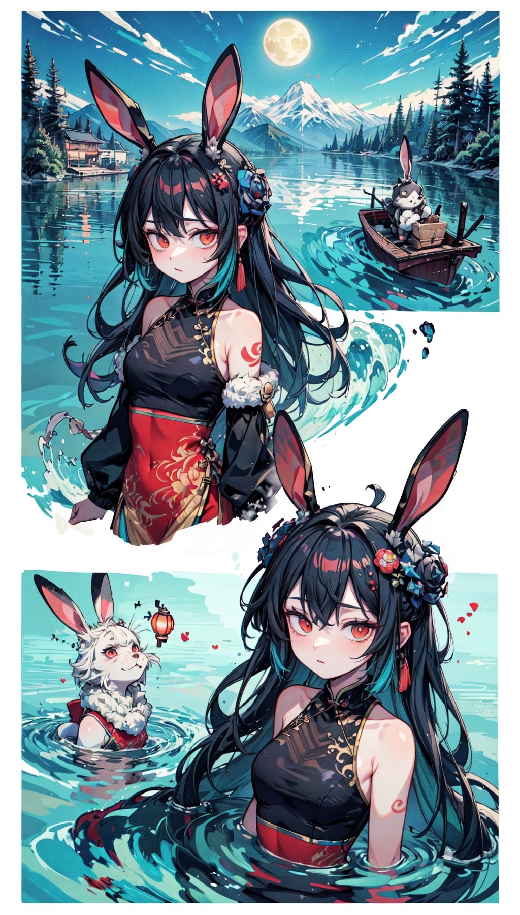 (Best Quality, 8k, 32k, Masterpiece, UHD:1.3), the night, Two rabbits boating on the lake, The background is a bright and bright moon, Blind box, wind, Beautiful, high qulity, cinematic colorgrade, Traditional Chinese elements, National Day Mid-Autumn Festival poster, Blue lake, The breeze ruffled the lake, Ripples spread out, CharacterSheet, (multiple views, full body, upper body, reference sheet:1)