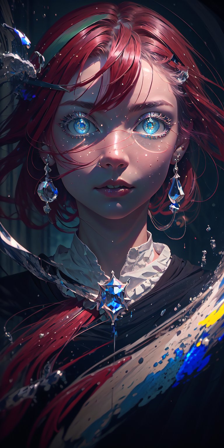 8K, high_resolution, 1080P, 1girl, (Masterpiece)), (Realistic, Photorealistic: 1.35), (RAW Photo, Best Quality, beautiful detailed eyes, Witch with red hair and two diffrent color eyes that are blue and green.