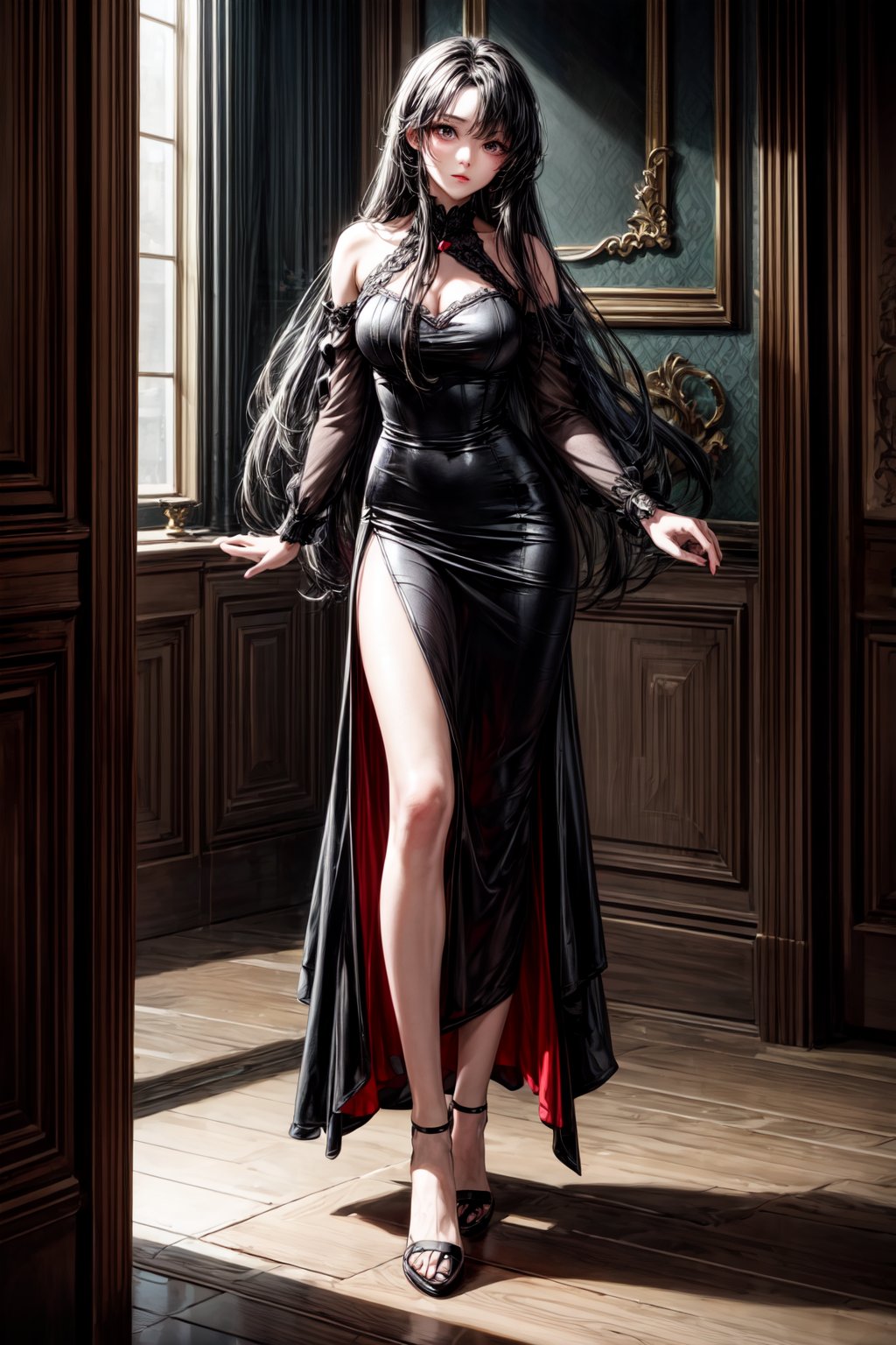 (masterpiece, top quality, best quality, official art, beautiful and aesthetic), (1girl), 

A formal background. A girl with long black hair and wearing a long red dress.
