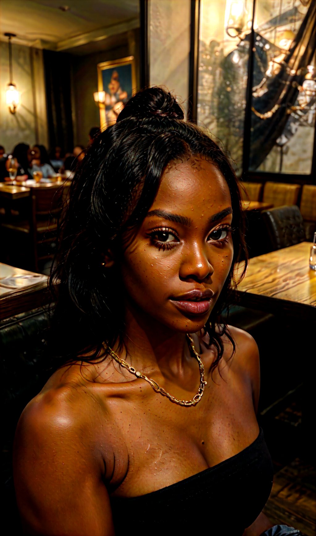 (masterpiece, best quality), intricate details, eating out at a Restaurant. A stunning African American girl with flawless dark brown skin and captivating, expressive eyes. She rocks a long, beautifully styled weave, celebrating her cultural heritage. Confident, charismatic, and proud of her roots, Keisha leaves a lasting impression wherever she goes.. Instagram baddie. Facing the camera. Close-up view.