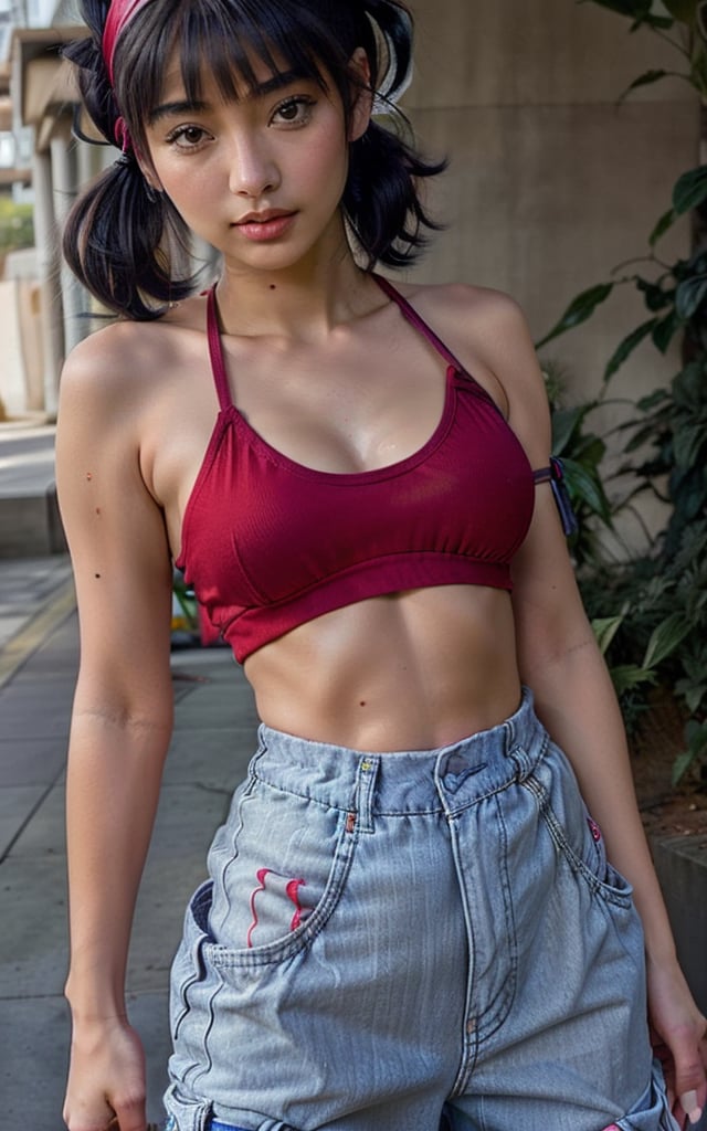 Photorealistic, best-quality. (Musa). (casual outfit), (red crop top, baggy cargo jeans, red headband, red sneakers). (short twin tails, bangs, black hair, black eyes, Asian features).