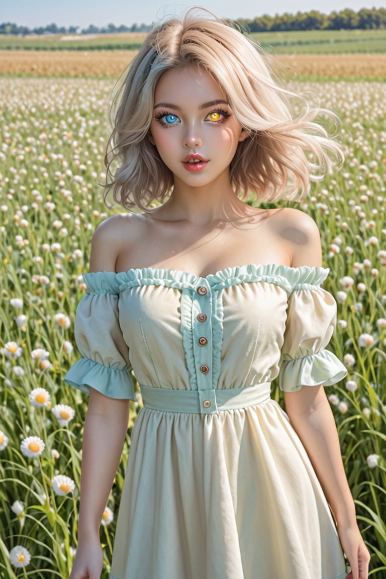 a beautiful young lady, standing in cotton field, cotton one-piece dress, tanned skin, windy hair, off shoulder, detailed skin texture,  beautiful and detailed eyes, glowing eyes, heterochromia eyes, thin waist, (thick lips:0.8), decayed lips, semi -open lips,Heterochromia,  