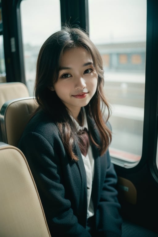 cute girl sitting on a bus, smirk, natural lighting from window, 35mm lens, soft and subtle lighting, girl centered in frame, shoot from eye level, incorporate cool and calming colors