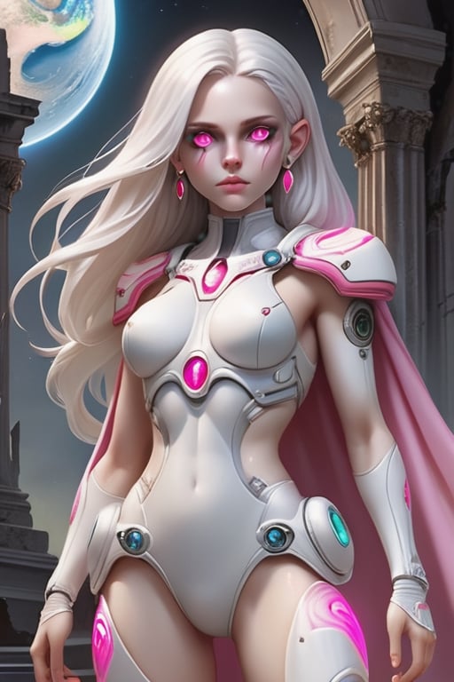 masterpiece、top-quality、1 beautiful alien female , (marble statue like body with engraved patterns on whole body) , white long hair, (pull back hair style), (glowing pink eyes like as made of clear crystal glass:1.3), (facial tattoos :1.1), (white astronaut suits and ragged dark-gray cape) , white belt, holster, white long boots,, perfect stomach, mature female body, Detailed eyes, Large eyes, Detailed face, Detailed skin texture, ear piercings, (in the ruins of an another planet ),