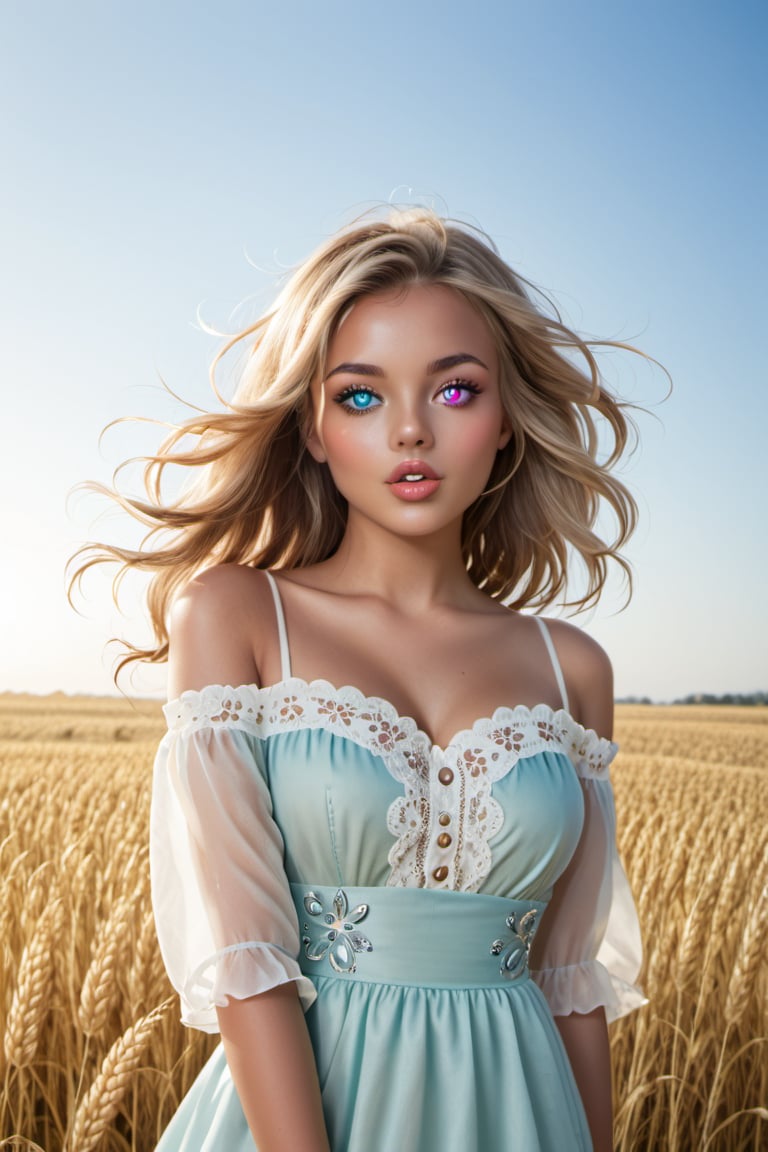 a beautiful young lady, standing in wheat field, cotton one-piece dress, tanned skin, wind-blowing hair, off shoulder, detailed skin texture,  beautiful and detailed eyes, glowing eyes, heterochromia eyes, thin waist, (thick lips:0.8), decayed lips, semi -open lips,Heterochromia,(back light:0.8),  