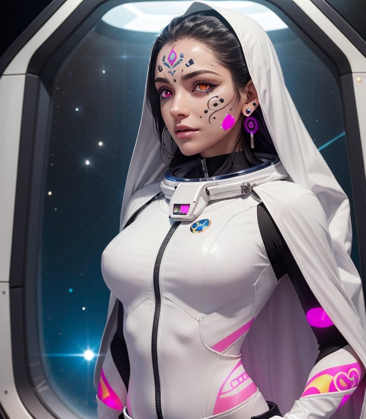 masterpiece、top-quality、1 beautiful alien female , marble statue like body with engraved patterns on whole body , white long hair, (pull back hair style), (glowing pink eyes like as made of clear crystal glass:1.3), (facial tattoos :1.5), (white astronaut suits and ragged dark-gray cape) , white belt, holster, white long boots,, perfect stomach, mature female body, cleavage, Detailed eyes, Large eyes, Detailed face, Detailed skin texture, ear piercings, (left alone in a spacecraft out of order),