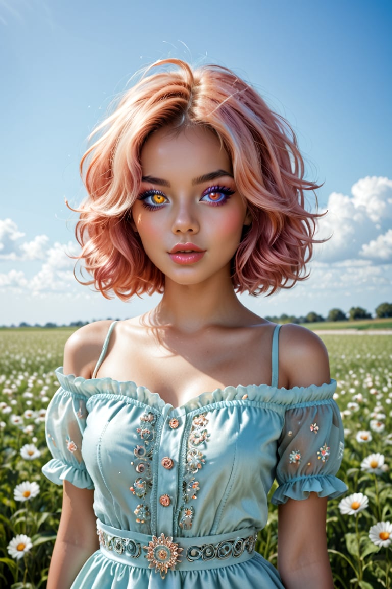 a beautiful young lady, standing in cotton field, cotton one-piece dress, tanned skin, windy hair, off shoulder, detailed skin texture,  beautiful and detailed eyes, glowing eyes, heterochromia eyes, thin waist, (thick lips:0.8), decayed lips, semi -open lips,Heterochromia,  