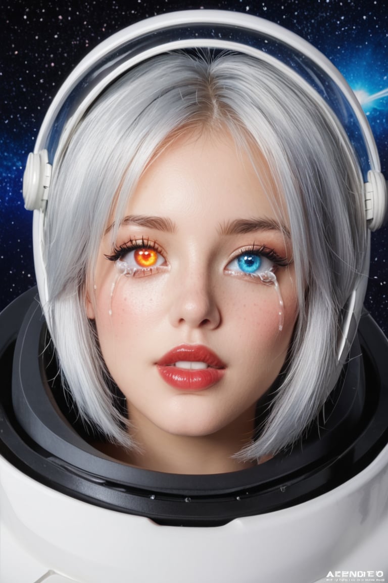 An astronote woman and space, (astronote suit),space helmet,  beautiful and detailed woman, beautiful and detailed eyes, tears in her eyes, glowing eyes, heterochromia eyes, great detail in the tears, rimel of the eyes desalineated by crying, silver hair, freckles in the pins, red lips, decayed lips, tears for the pins and mouth, semi -open lips,Heterochromia, huge planets background, 