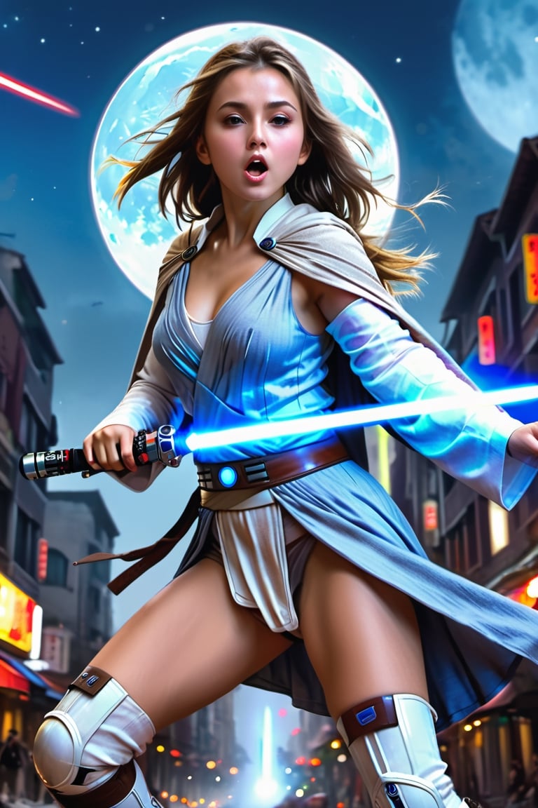 (1 jedi Girl)、In jedioutfit, jedi cape, bare-legs, ((Have a lightsaber))、large glowing eyes, serious expression ,medium breasts, long straight hair, windy hair, jumping with knees bend, Super detailed illustration、extra detailed face、wide open mouth, breathing heavily , Raw photography、film grains、detailed skin textures、Detailed fabric texture、dynamic pose, Character Focus, city street, crowd ,((huge moon in the sky)), battle scene, dynamic pose,from below view, look at me, detailmaster2,neon photography style,detailmaster2,science fiction