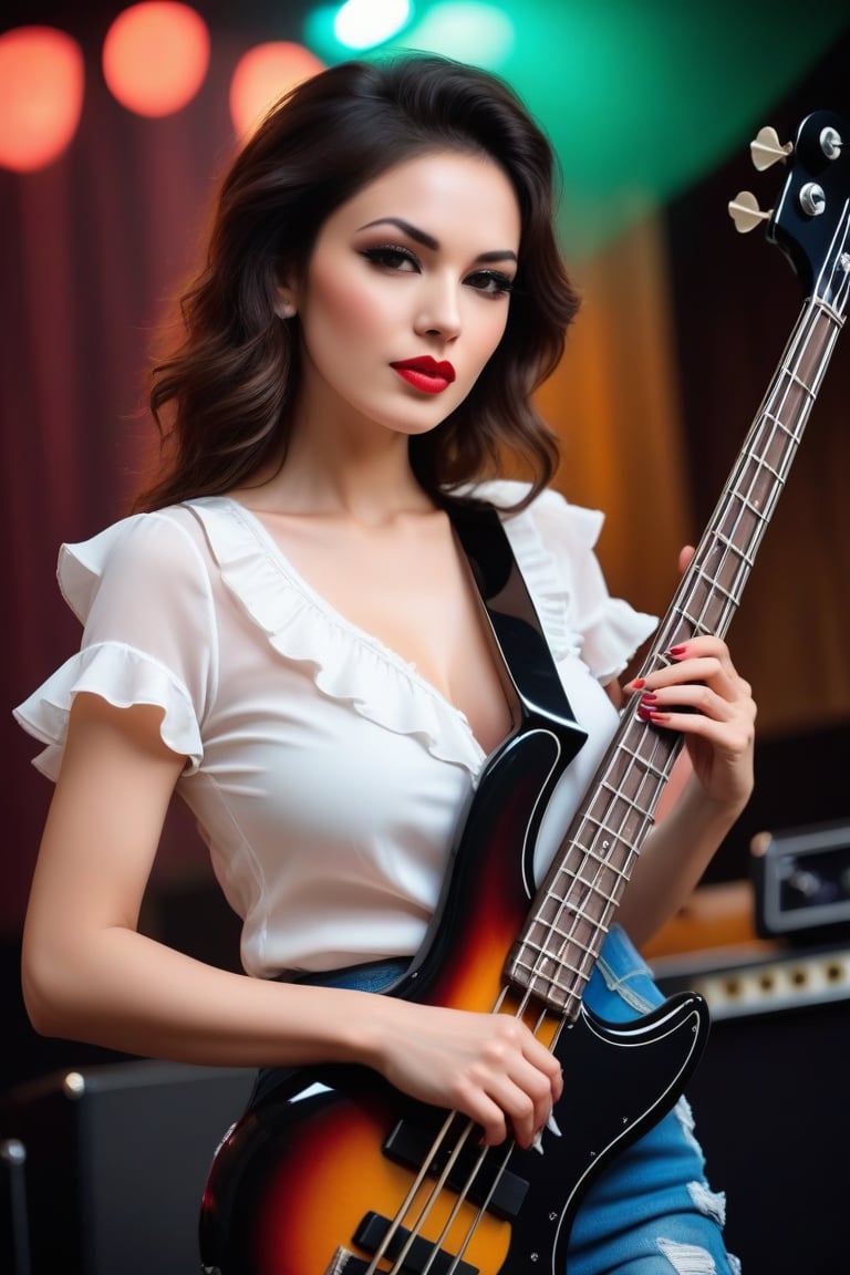 ((((Seductive woman plays electric bass:1.5, 4 strings)))), (​masterpiece、Best Quality:1.4),  (Beautiful, Aesthetic, Perfect, Delicate, Convoluted:1.2), (Cute, Adorable), (depth of fields:1.2), cinema shot, Bokeh, Perfect female shape, (Perfect face, Detailed face, full pouty lips, Glossy lips, makeup, eye line, Expressive eyes), (medium breasts, thin waist), ((white blouse with ruffles and ragged denim pants ):1.3), On stage,Good hands, Better hands,2hand, 5FINGERS,neon photography style
