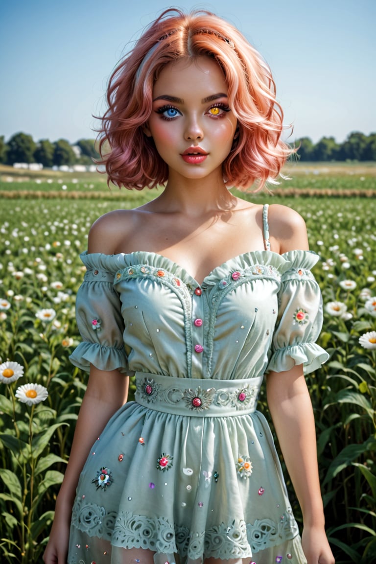 a beautiful young lady, standing in cotton field, cotton one-piece dress, tanned skin, windy hair, off shoulder, detailed skin texture,  beautiful and detailed eyes, glowing eyes, heterochromia eyes, thin waist, (thick lips:0.8), decayed lips, semi -open lips,Heterochromia,  