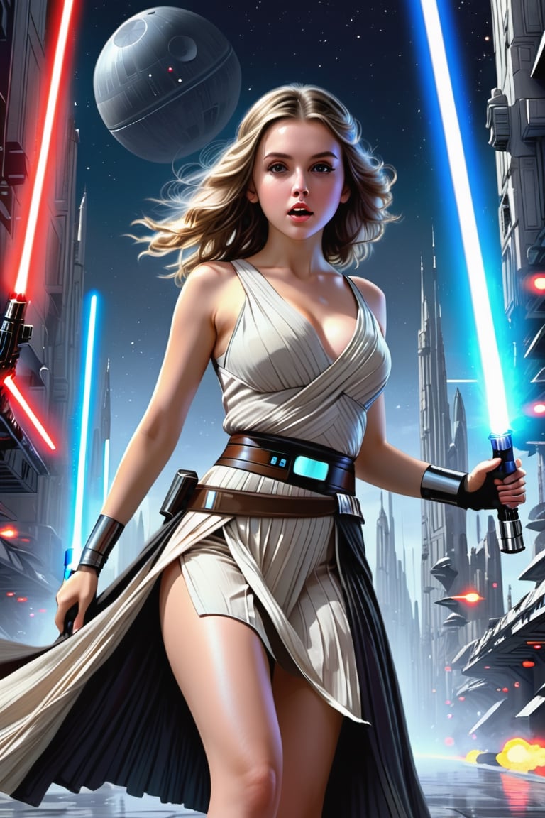 (1 jedi Girl)、In jedioutfit, long skirt with deep slit, ((Shake a lightsaber))、pale skin, large glowing eyes, serious expression ,medium breasts, long wavy hair,  jumping with knees bend, Super detailed illustration、extra detailed face、wide open mouth, breathing heavily , Raw photography、film grains、detailed skin textures、Detailed fabric texture、dynamic pose, Character Focus, city street, Empire troopers ,((huge death-star in the sky:1.3)), battle scene, dynamic pose,from below , ground view, look at me, detailmaster2,neon photography style,science fiction