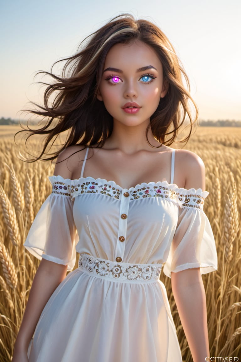 a beautiful young lady, standing in wheat field, cotton one-piece dress, tanned skin, wind-blowing hair, off shoulder, detailed skin texture,  beautiful and detailed eyes, glowing eyes, heterochromia eyes, thin waist, (thick lips:0.8), decayed lips, semi -open lips,Heterochromia,(back light:0.8),  