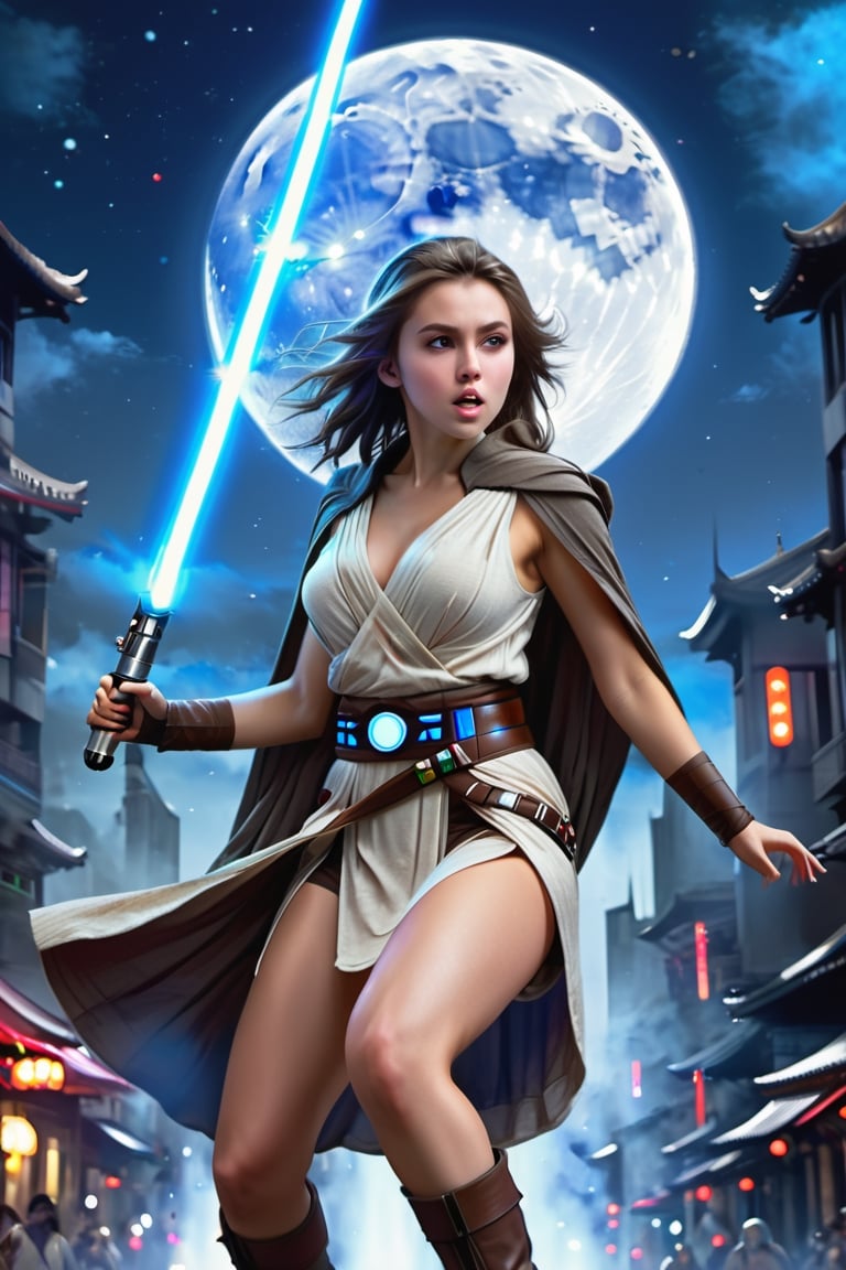 (1 jedi Girl)、In jedioutfit, jedi cape, bare-legs, ((Have a lightsaber))、large glowing eyes, serious expression ,medium breasts, long straight hair, windy hair, jumping with knees bend, Super detailed illustration、extra detailed face、wide open mouth, breathing heavily , Raw photography、film grains、detailed skin textures、Detailed fabric texture、dynamic pose, Character Focus, city street, crowd ,((huge moon in the sky)), battle scene, dynamic pose,side view, look at me, detailmaster2,neon photography style,detailmaster2,science fiction