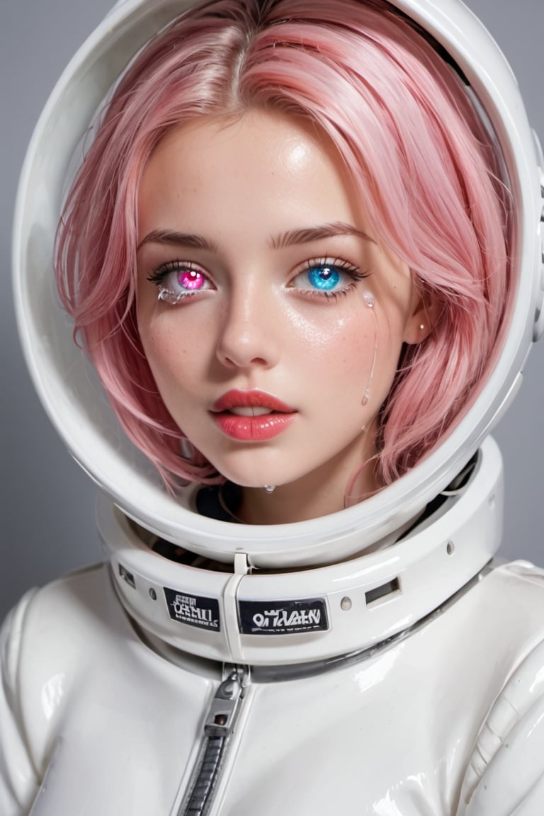 An astronaut woman and space, (astronaut suit),space helmet,  beautiful and detailed woman, beautiful and detailed eyes, tears in her eyes, glowing eyes, heterochromia eyes, porcelain skin, great detail in the tears, rimel of the eyes desalineated by crying, shiny pink  hair, freckles in the pins, red lips, decayed lips, tears for the pins and mouth, semi -open lips,Heterochromia, porcelain skin, huge planets background, 