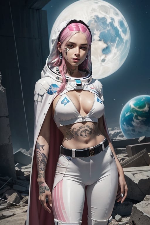 masterpiece、top-quality、1 beautiful alien female , marble statue like body with engraved patterns on whole body , white long hair, (pull back hair style), (glowing pink eyes like as made of clear crystal glass:1.3), (lines of tattoos on face :1.5), (white astronaut suits and ragged dark-gray cape) , white belt, holster, white long boots,, perfect stomach, mature female body, cleavage, Detailed eyes, Large eyes, Detailed face, Detailed skin texture, ear piercings, (standing in the ruins of an another planet ),