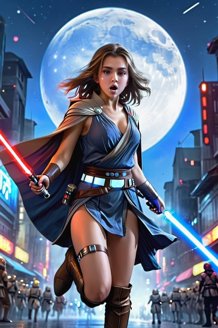 (1 jedi Girl)、In jedioutfit, jedi cape, bare-legs, ((Have a lightsaber))、large glowing eyes, serious expression ,medium breasts, long straight hair, windy hair, jumping with knees bend, Super detailed illustration、extra detailed face、wide open mouth, breathing heavily , Raw photography、film grains、detailed skin textures、Detailed fabric texture、dynamic pose, Character Focus, city street, crowd ,((huge moon in the sky)), battle scene, dynamic pose,from behind, look back at me, detailmaster2,neon photography style,detailmaster2,science fiction