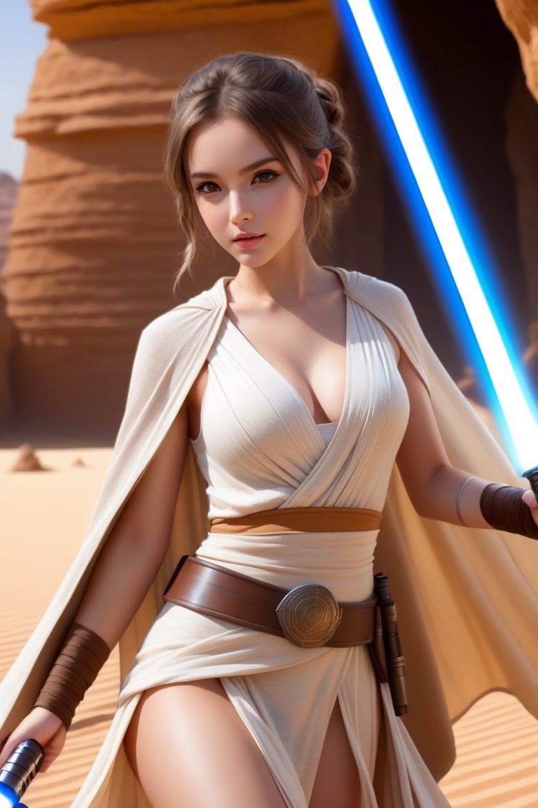 (1 Jedi Girl)、In Jedioutfit 、((Have a lightsaber))、jedi cape, medium breasts, Super detailed illustration、extra detailed face、large glowing eyes, Raw photography、film grains、detailed skin textures、Detailed fabric texture、dynamic pose, Character Focus, Desert ruins,action scene, tan lines, 
