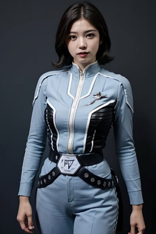 masterpiece, best quality, (cowboy shot), a real portlait, Hishimi_Yuriko as Anne from Ultraseven, slim, thin waist, centered frame, character focus, dynamic lighting, lips apart, aiming a gun, detailed face, detailed fabric texture,