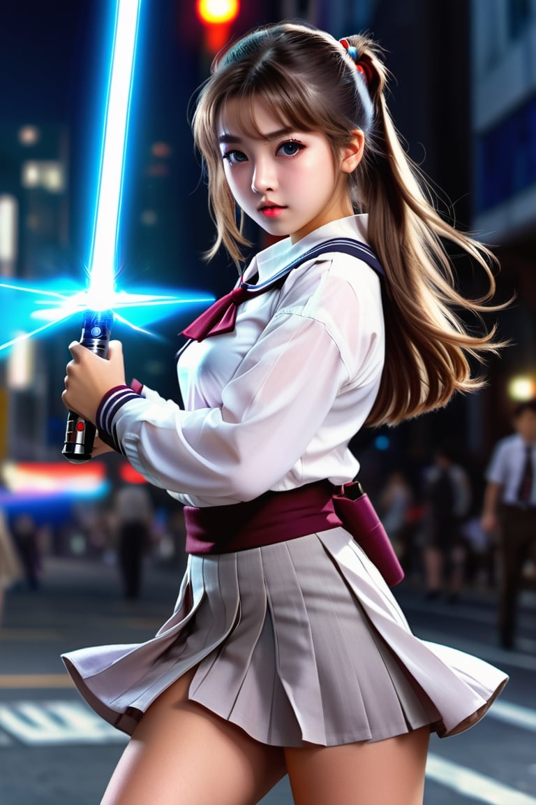 (1 jedi school Girl)、In school uniform, sailor style blouse, bare-legs, ((Have a lightsaber))、large glowing eyes, serious expression ,medium breasts, long straight hair, floating hair, Super detailed illustration、extra detailed face、wide open mouth,Raw photography、film grains、detailed skin textures、Detailed fabric texture、dynamic pose, Character Focus, city street, crowd ,battle scene, dynamic pose,side view, look at me, detailmaster2,neon photography style,detailmaster2,science fiction