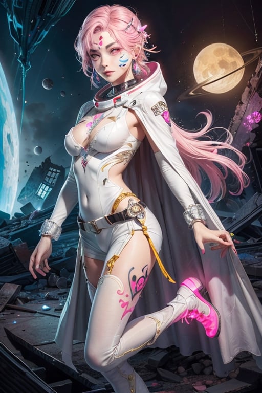 masterpiece、top-quality、1 beautiful alien female , marble statue like body with engraved patterns on whole body , white long hair, (pull back hair style), (glowing pink eyes like as made of clear crystal glass:1.3), (facial tattoos :1.5), (white astronaut suits and ragged dark-gray cape) , white belt, holster, white long boots,, perfect stomach, mature female body, cleavage, Detailed eyes, Large eyes, Detailed face, Detailed skin texture, ear piercings, (in the ruins of an another planet ),