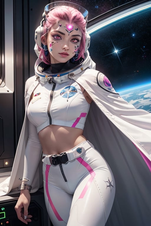 masterpiece、top-quality、1 beautiful alien female , marble statue like body with engraved patterns on whole body , white long hair, (pull back hair style), (glowing pink eyes like as made of clear crystal glass:1.3), (facial tattoos :1.5), (white astronaut suits and ragged dark-gray cape) , white belt, holster, white long boots,, perfect stomach, mature female body, cleavage, Detailed eyes, Large eyes, Detailed face, Detailed skin texture, ear piercings, (left alone in a spacecraft out of order),