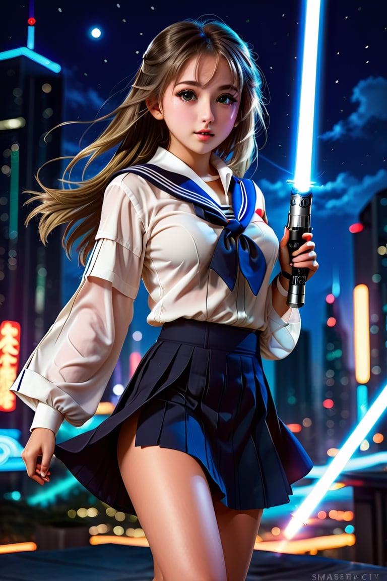 (1 jedi school Girl)、In school uniform, sailor style blouse, bare-legs, ((Have a lightsaber))、large glowing eyes, medium breasts, long straight hair, floating hair, Super detailed illustration、extra detailed face、open mouth,Raw photography、film grains、detailed skin textures、Detailed fabric texture、dynamic pose, Character Focus, night city, (huge moon in the sky) ,battle scene, dynamic pose,side view, look at me, detailmaster2,neon photography style,detailmaster2